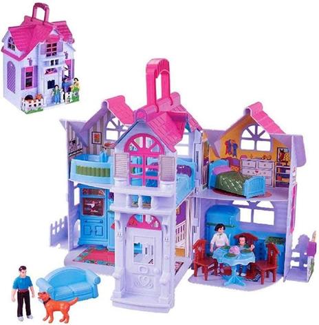 BAKAJI Casa delle Bambole Giocattolo Bambini Villa a 2 Piani con Cucina Soggiorno e Camere da Letto 3 Personaggi Inclusi e Accessori Gioco Richiudibile a Valigetta Portatile