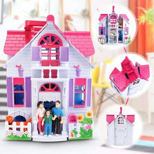 BAKAJI Casa delle Bambole Giocattolo Bambini Villa a 2 Piani con Cucina Soggiorno e Camere da Letto 3 Personaggi Inclusi e Accessori Gioco Richiudibile a Valigetta Portatile - 4