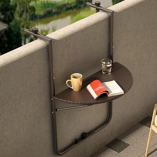 Tavolo Tavolino Ringhiera Esterno Balcone Pieghevole Metallo e Polyrattan Marron