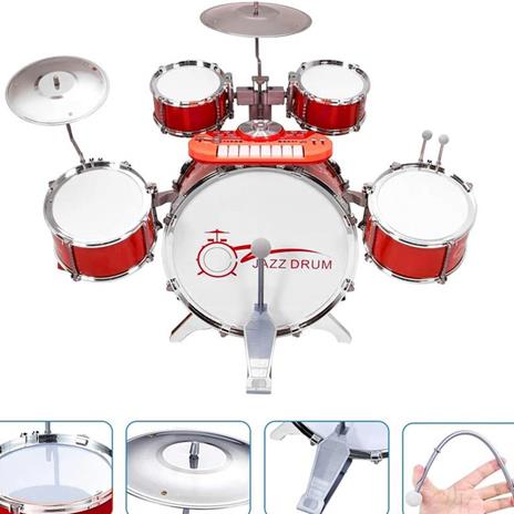 Batteria Musicale Giocattolo con Microfono Pianola Piatto DJ e Lettore MP3 Rosso - 2
