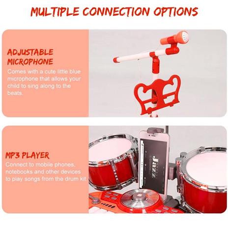 Batteria Musicale Giocattolo con Microfono Pianola Piatto DJ e Lettore MP3 Rosso - 3