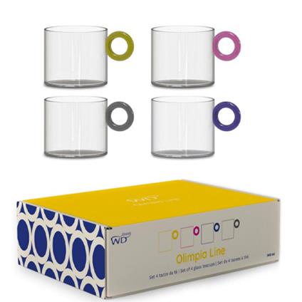 Set 4 Tazze Da Te'' In Vetro Borosilicato Manico Colorato Ad Anello 300Ml Linea Olimpia Wd Lifestyle