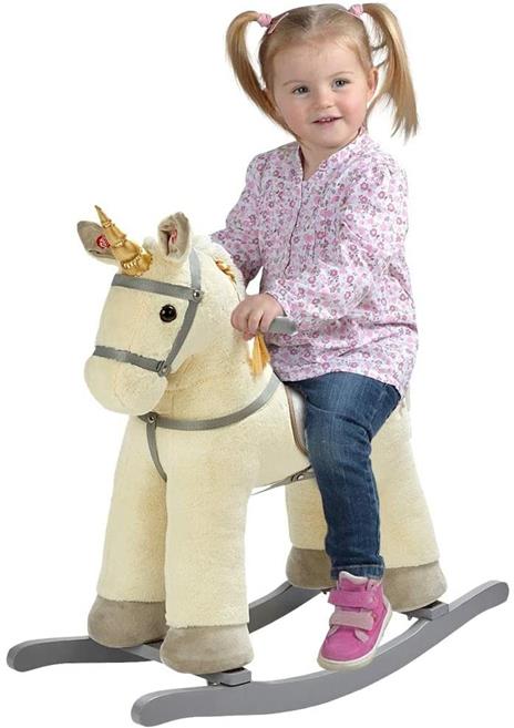 BAKAJI Unicorno Cavallo a Dondolo Giocattolo Cavalcabile per Bambini con Suoni Realistici e Struttura in Legno e Tessuto Peluche Giochi Prima Infanzia Dimensione 74 x 30 x 64 cm (Beige)