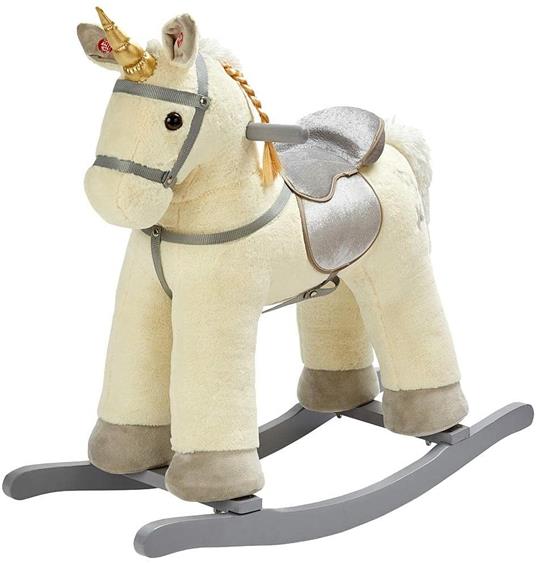 BAKAJI Unicorno Cavallo a Dondolo Giocattolo Cavalcabile per Bambini con Suoni Realistici e Struttura in Legno e Tessuto Peluche Giochi Prima Infanzia Dimensione 74 x 30 x 64 cm (Beige) - 2