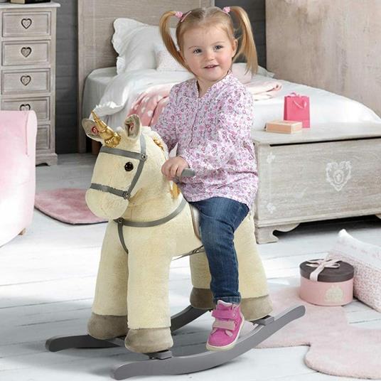 BAKAJI Unicorno Cavallo a Dondolo Giocattolo Cavalcabile per Bambini con Suoni Realistici e Struttura in Legno e Tessuto Peluche Giochi Prima Infanzia Dimensione 74 x 30 x 64 cm (Beige) - 3