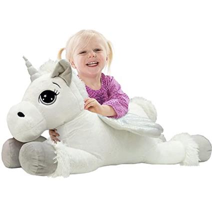 BAKAJI Peluche Unicorno Gigante Steso XL Lunghezza 80 cm Morbidissimo Pupazzo Giocattolo per Bambini Ragazzi Cavallo Extra Large Morbido Idea Regalo Decorazione Cameretta (Grigio)