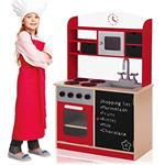 BAKAJI Cucina in Legno Giocattolo per Bambini con Anta e Cassetti Lavagna Lavello in Plastica 4 Fornelli Forno Apribile e Microonde Chiusure Magnetiche 60 x 30 x 90 cm (Rosso)