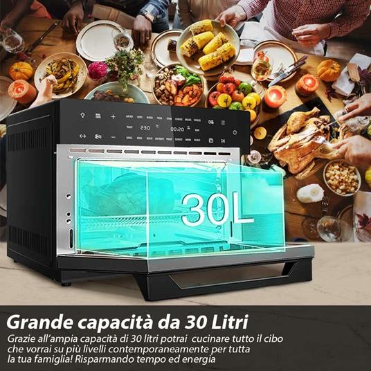 Bakaji Forno Friggitrice ad Aria Calda Capacità 30Lt 1800W Frigge Griglia Essicca Senza Olio Airfryer Display Touch 18 Programmi Funzione Doppia Cottura Timer Regolazione Temperatura Doppio Vetro 