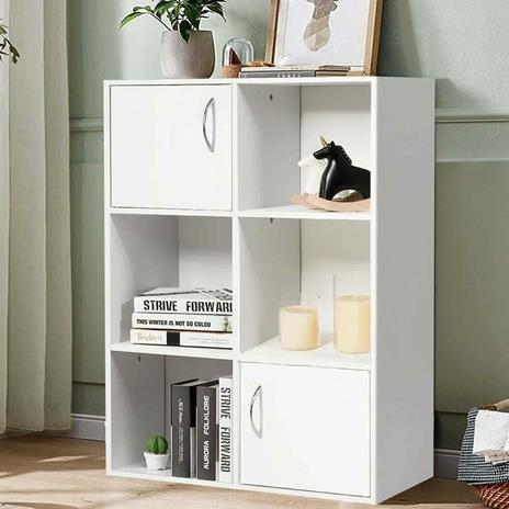 BAKAJI Mobile Libreria Scaffale 6 Ripiani Mensole con 2 Ante Calamitate e Maniglia in Metallo Struttura in Legno MDF Design Moderno per Casa Ufficio Dimensione 80 x 61,5 x 29,5 cm (Bianco) - 2