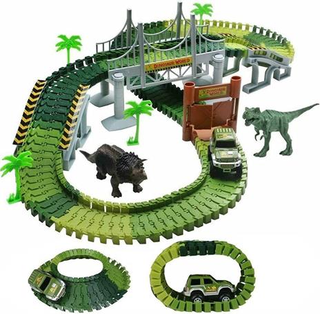 BAKAJI Playset Pista Macchinine Flessibile Parco dei Dinosauri Giocattolo per Bambini con Macchinina Luci LED a Batteria Dinosauro T-Rex Triceratopo e Altri Inclusi + Accessori Gioco Pista (142 pz)