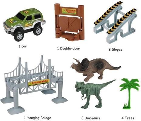 BAKAJI Playset Pista Macchinine Flessibile Parco dei Dinosauri Giocattolo per Bambini con Macchinina Luci LED a Batteria Dinosauro T-Rex Triceratopo e Altri Inclusi + Accessori Gioco Pista (142 pz) - 3
