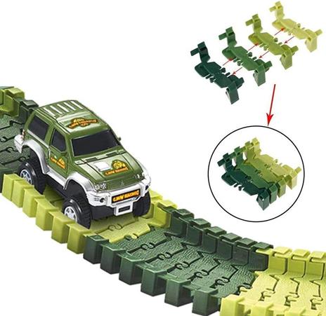 BAKAJI Playset Pista Macchinine Flessibile Parco dei Dinosauri Giocattolo per Bambini con Macchinina Luci LED a Batteria Dinosauro T-Rex Triceratopo e Altri Inclusi + Accessori Gioco Pista (142 pz) - 4