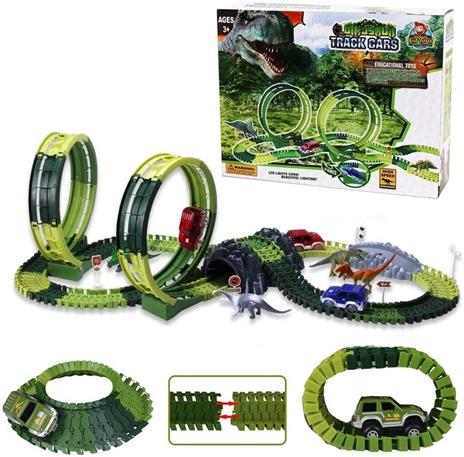 BAKAJI Playset Pista Macchinine Flessibile Parco dei Dinosauri Giocattolo per Bambini con Macchinina Luci LED a Batteria Dinosauro T-Rex Triceratopo e Altri Inclusi + Accessori Gioco Pista (142 pz) - 6