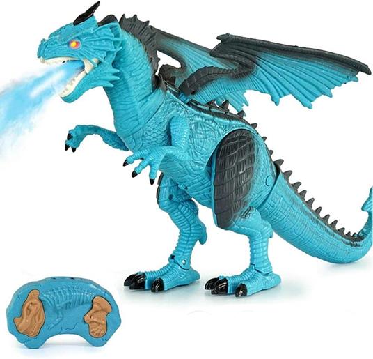 Bakaji Drago Dinosauro Robot Radiocomandato Giocattolo per Bambini con Luci Suoni ed Effetto Sputa Fuoco con Fumo Cammina Muove Testa e Ali Curato in Ogni Dettaglio Altezza 47 cm