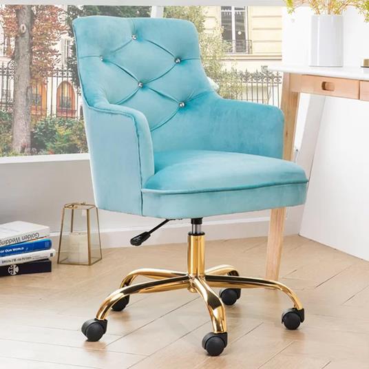 Sedia da Ufficio Ergonomica Girevole 360° Poltrona Velluto Azzurro e Gambe Oro - 2