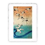 Stampa di Hiroshige Sei gru volano verso l''alto sopra un''onda, Magnifica -  cm 50x70