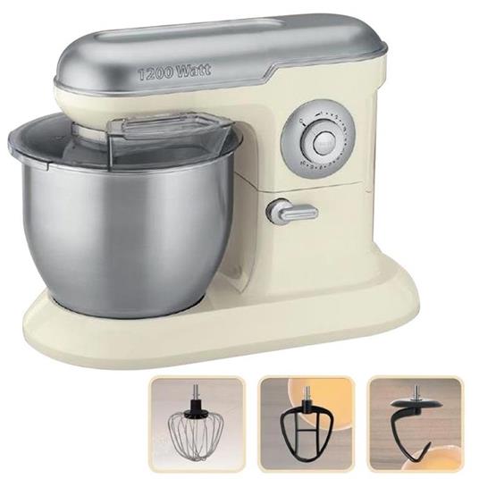Retro bianco Impastatrice con gancio impastatore Mescolatore con ciotola in acciaio inox da 3 litri Robot da cucina con 6 livelli di velocità 850 1200 al minuto 