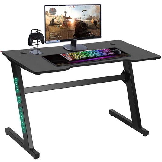 SP-ST-R3-BK SogesPower portabicchieri e gancio per cuffie tavolo da gioco ergonomico scrivania per videogiochi scrivania da gioco per computer a forma di Z con luci a LED e tappetino per mouse 