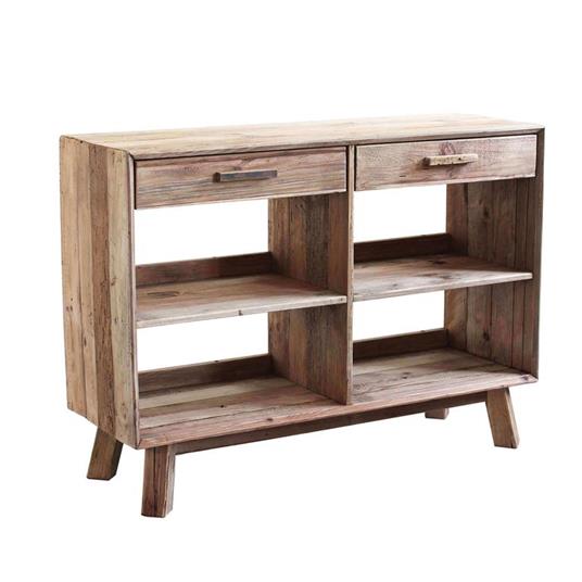 Mobile Libreria Scaffale Stile Moderno, 2 Cassetti 4 Ripiano, Legno Di Pino Massello Riciclato, Colore Marrone Cm 117,8x40x85 H