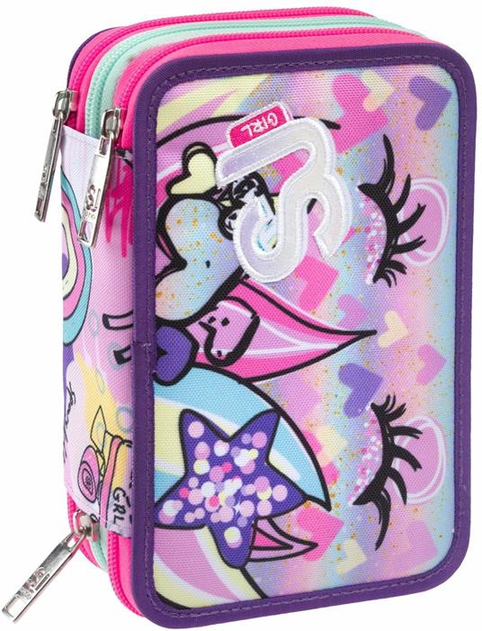 Astuccio 3 Zip Color Sj Gang Animali Fantasy Girl, Candy Fuxia - 20 x 12,5 x 7 cm