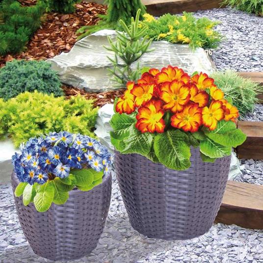 Set 2 Caspo' Vasi Portapiante Intreccio In Polyrattan Per Esterno Colore Grigio