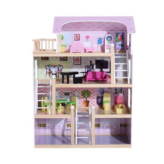 HomCom Casa delle Bambole a 4 Piani in Legno con Accessori Rosa