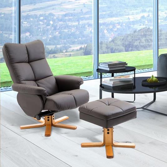 HOMCOM Poltrona Relax Reclinabile con Poggiapiedi e Sostegni in Legno Massello Comfort Massimo Rivestimento in Ecopelle Marrone 