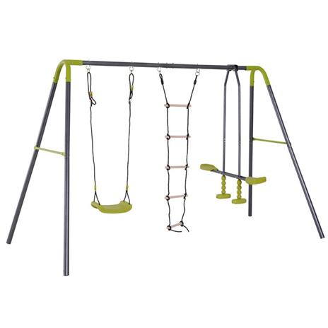 Parco Giochi per Bambini con Altalena Cavalluccio e Scaletta Struttura in Metallo Resistente Verde - 2