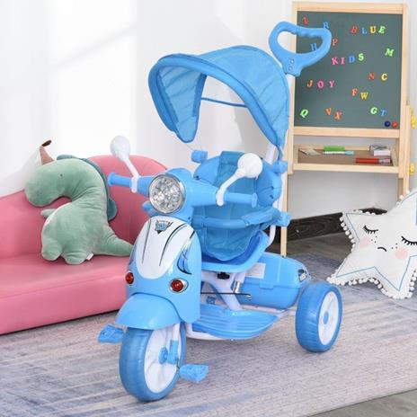 HomCom Triciclo Passeggino Azzurro a Forma di Moto per Bambini 3-8 Anni con Tettuccio Rimovibile - 2