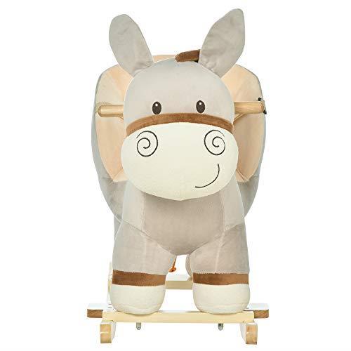 Homcom Dondolo Giocattolo Forma di Asino per Bambini in Legno di Pioppo e Peluche Grigio - 3