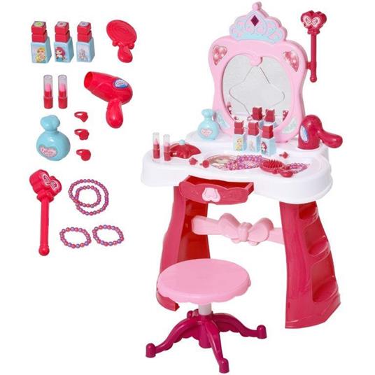 HomCom Postazione Trucco Giocattolo per Bambine con Sgabello Luci Suoni e Accessori Inclusi Bianca e Rosa - 3