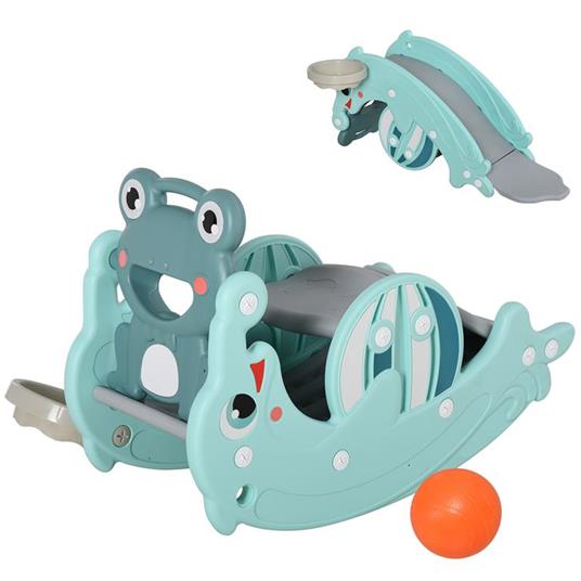 HomCom 3-in-1 Cavallo a dondolo Scivolo per bambini 3-5 anni canestro verde  - HomCom - Primi giochi - Giocattoli