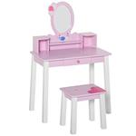 HOMCOM Set Tavolo Toeletta Specchio e Sgabello in Legno per Bambini Rosa