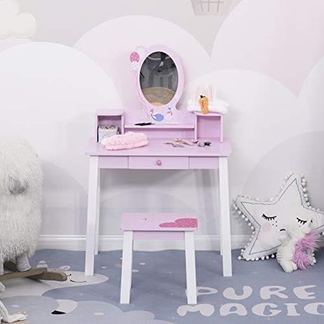 HOMCOM Set Tavolo Toeletta Specchio e Sgabello in Legno per Bambini Rosa - 2