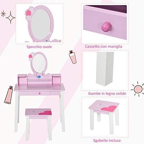 HOMCOM Set Tavolo Toeletta Specchio e Sgabello in Legno per Bambini Rosa - 3