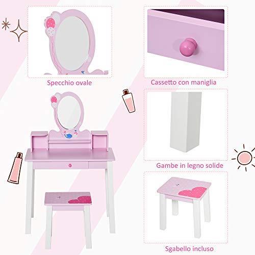 HOMCOM Set Tavolo Toeletta Specchio e Sgabello in Legno per Bambini Rosa - 3