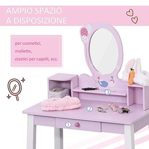 HOMCOM Set Tavolo Toeletta Specchio e Sgabello in Legno per Bambini Rosa - 4
