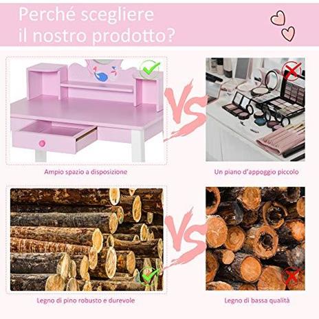 HOMCOM Set Tavolo Toeletta Specchio e Sgabello in Legno per Bambini Rosa - 5