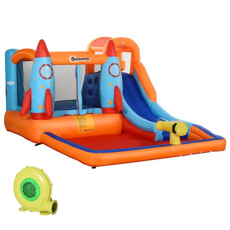 Outsunny Castello Gonfiabile per Bambini Piscina con Scivolo e Trampolino, Pompa Elettrica, 350x250x185cm, Multicolore