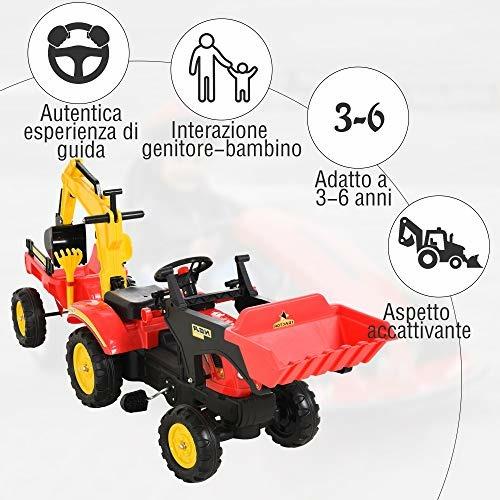 HOMCOM Ruspa Giocattolo a Pedali, Escavatore Cavalcabile per Bambini con Pale e Volante, 179x42x59cm Multicolore - 3