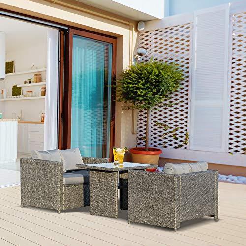 Outsunny Set 3 Pezzi Mobili da Giardino con 2 Divani con Cuscini e 1 Tavolo in Rattan PE, Salotto da Esterno Grigio-Nero - 2