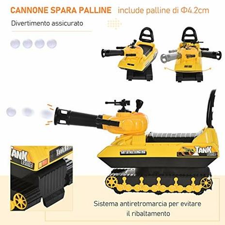 HOMCOM Carro Armato Bambini con Cannone Spara Palline e Vano Contenitore, Giochi Cavalcabili per Bambini +3 Anni, Giallo - 5