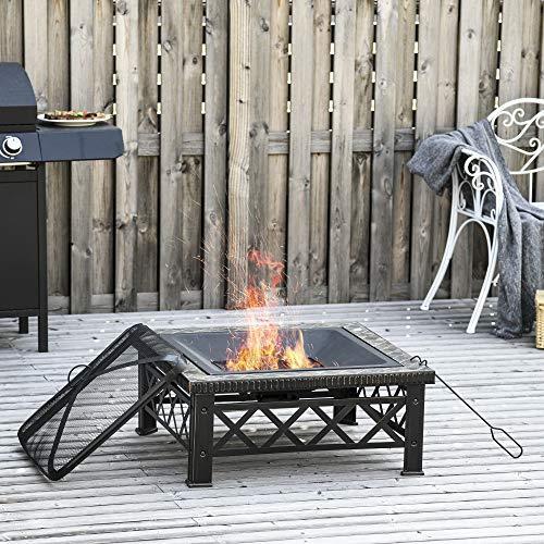 Outsunny Braciere da Giardino con Coperchio Parascintille e Griglia per Barbecue in Metallo 76x76x47cm Nero - 2