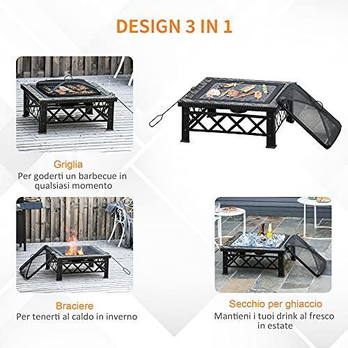 Outsunny Braciere da Giardino con Coperchio Parascintille e Griglia per Barbecue in Metallo 76x76x47cm Nero - 4