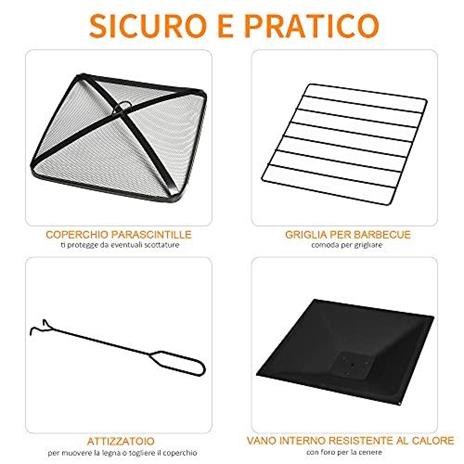 Outsunny Braciere da Giardino con Coperchio Parascintille e Griglia per Barbecue in Metallo 76x76x47cm Nero - 5