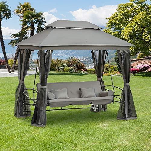 Dondolo Da Giardino 3 Posti Outsunny Con Gazebo E Zanzariera - Crema 256x172x248cm
