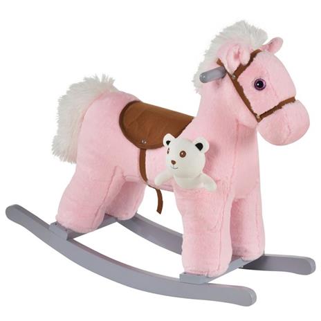 HOMCOM Cavallo a Dondolo in Peluche e Legno con Suoni e Orsetto Incluso, per Bimbi da 18-36 Mesi, 65x26x55cm, Rosa