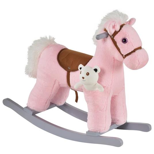 HOMCOM Cavallo a Dondolo in Peluche e Legno con Suoni e Orsetto Incluso, per Bimbi da 18-36 Mesi, 65x26x55cm, Rosa