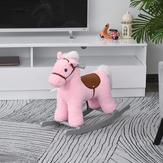 HOMCOM Cavallo a Dondolo in Peluche e Legno con Suoni e Orsetto Incluso, per Bimbi da 18-36 Mesi, 65x26x55cm, Rosa - 2