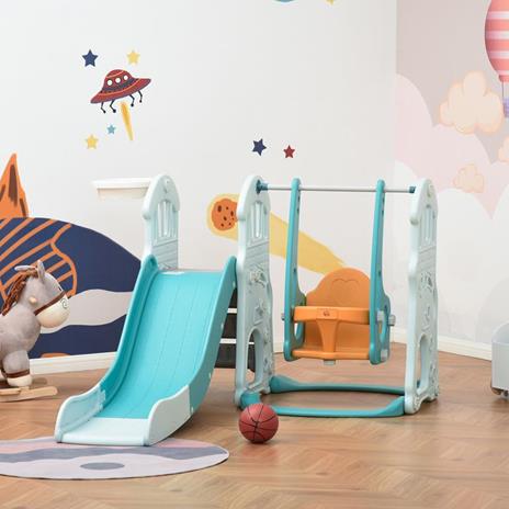 HOMCOM Scivolo per Bambini con Altalena Regolabile, Canestro e Palle per Cameretta e Giardino, 149x186x98cm, Blu e Arancione - 2
